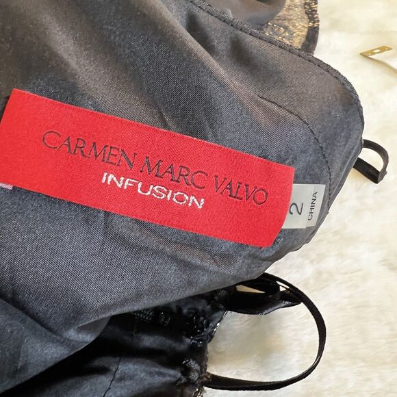 Carmen Marc Valvo Formal One Shoulder Gown Dress Black Gold Brocade NEW Sz 2 - Picture 5 of 13